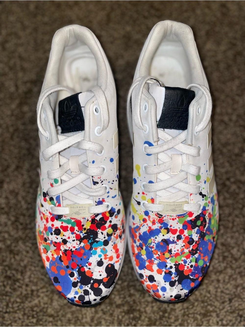 Mens Adidas ZX flux White Sneakers with Multicolor Paint Splatter